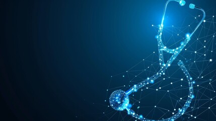 Abstract vector illustration of a glowing blue stethoscope with polygonal shapes for medical use