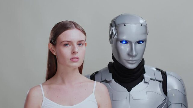 Diverse couple of female human and silver syborg posing against grey background. Robotic technology. Futuristic robot. Woman beauty. Interaction concept.