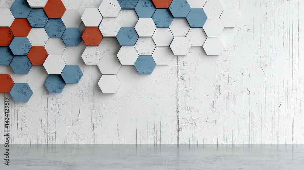 Aufkleber Wall with a pattern of hexagons in different colors. The wall is white and the colors are blue, red, and orange. The wall is empty and has a modern look