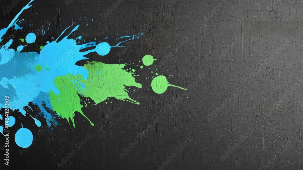 Leinwandbilder wall with splatters of blue and green paint. the wall is black and the splatters are in various size