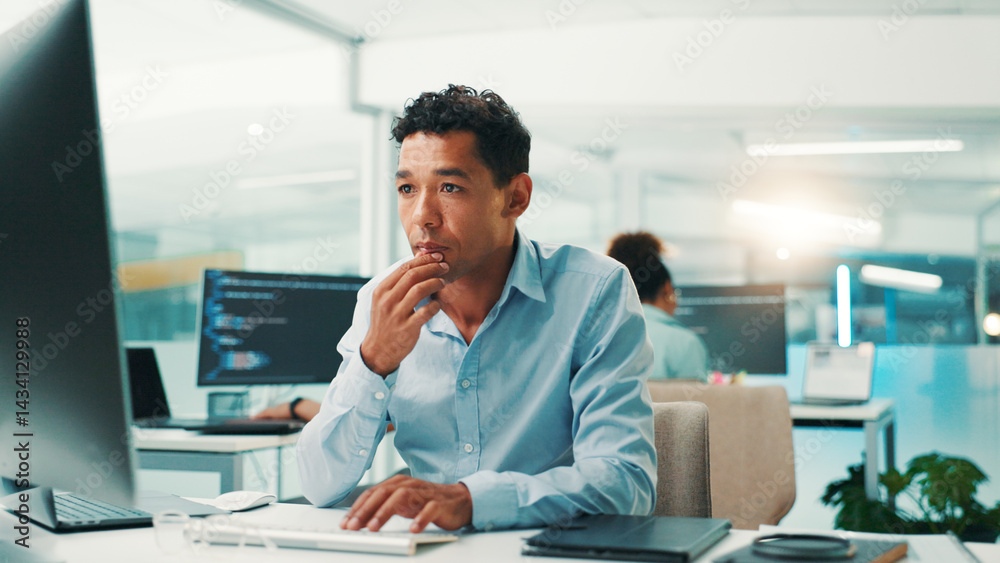 Fototapete Coding, thinking and man on computer in office for problem solving, web development and insight. Idea, serious programmer and project for software update, creative inspiration and planning algorithm
