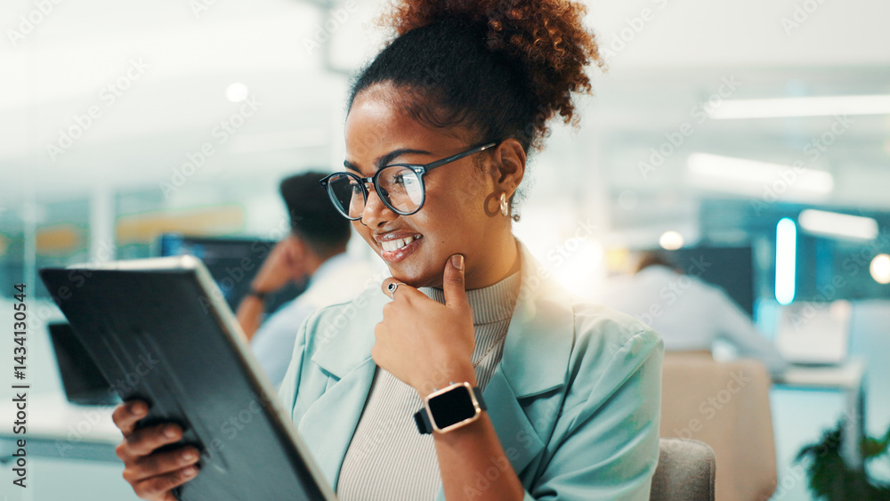 Fototapete Coding, thinking and woman on tablet in office for problem solving, web development and insight. Idea, happy programmer and technology for software update, creative inspiration and planning algorithm