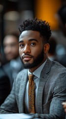 Confident businessman at conference, serious expression