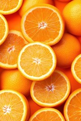 Vibrant orange fruit slices on bright orange background creating a refreshing and energetic mood a close up shot with a top down camera angle and studio lighting