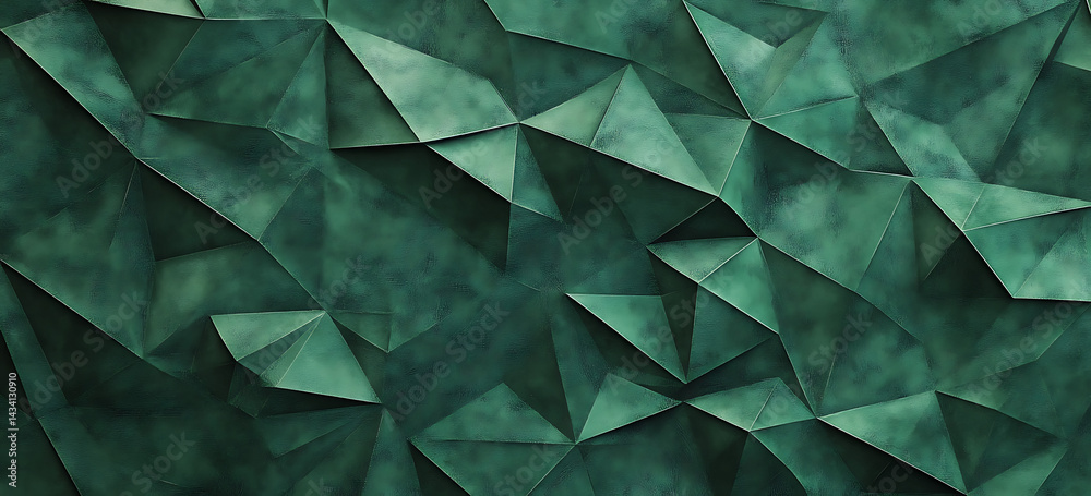 Poster green triangular pattern background, textured with geometric lines and triangles.