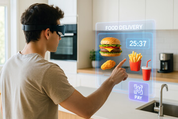 Young man uses augmented reality glasses to place a fast food order in a modern kitchen, interacting with a holographic interface.