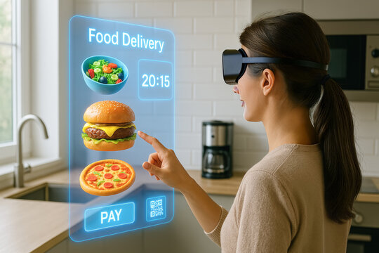 Young woman wearing AR glasses selects food items from a virtual holographic menu in a modern kitchen for delivery. - Powered by Adobe