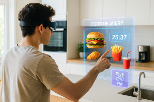 Young man uses augmented reality glasses to place a fast food order in a modern kitchen, interacting with a holographic interface.