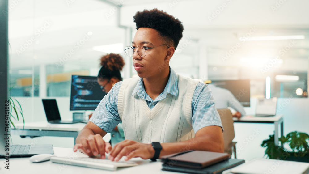 Aufkleber Programming, man and typing on computer in office for web development, system maintenance and app debugging. Programmer, employee and technology for database troubleshooting, testing code and update