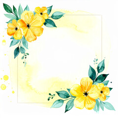 Obraz premium Square floral watercolor frame in light yellow pastels, subtle paint splatters. Botany design.