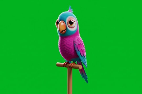 Colorful Parrot Sitting on Perch Against Green Screen Background