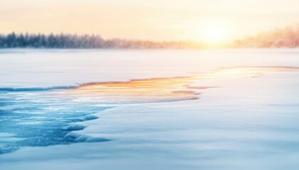 Fototapeta premium A serene winter landscape featuring a frozen lake, with sunlight illuminating the ice and snow, creating a beautiful contrast of colors.