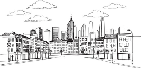 Obraz premium City landscape. Line urban backdrop. Skyline with clouds, different buildings on street, doodle street draw, outline cityscape hand sketch, flat houses. Hand drawn vector illustration