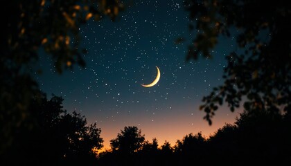 Naklejka premium Crescent moon over trees at twilight