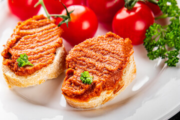 Pepper pate red pepper dip roasted vegetable hummus appetizer vegetable dish fresh gourmet food background on table rustic food top view copy space 