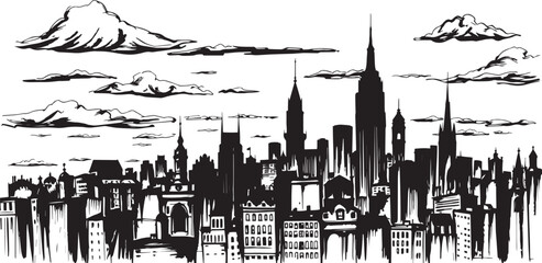 City landscape. Line urban backdrop. Skyline with clouds, different buildings on street, doodle street draw, outline cityscape hand sketch, flat houses. Hand drawn vector illustration