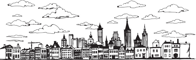 Fototapeta premium City landscape. Line urban backdrop. Skyline with clouds, different buildings on street, doodle street draw, outline cityscape hand sketch, flat houses. Hand drawn vector illustration