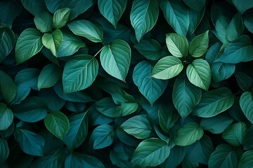 Fototapeta premium Green leaves background, dark green and blue colors.