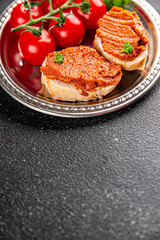 Pepper pate red pepper dip roasted vegetable hummus appetizer vegetable dish fresh gourmet food background on table rustic food top view copy space 