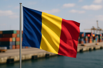 Romania Flag at Shipping Port
