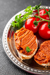 Pepper pate red pepper dip roasted vegetable hummus appetizer vegetable dish fresh gourmet food background on table rustic food top view copy space 