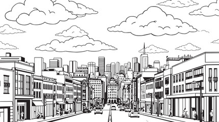 Obraz premium City landscape. Line urban backdrop. Skyline with clouds, different buildings on street, doodle street draw, outline cityscape hand sketch, flat houses. Hand drawn vector illustration