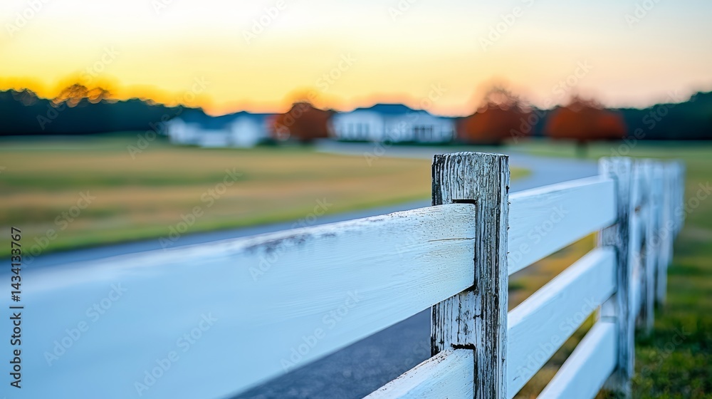Poster white fence with a wooden post sits in a field. the fence is in front of a house and a road. the sky