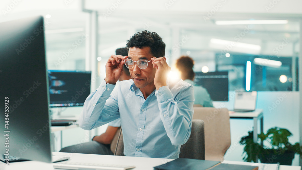 Poster Programmer, research or man with glasses in office for reading code, app development and debugging. Computer, programming and employee with technology for software testing, system or online update
