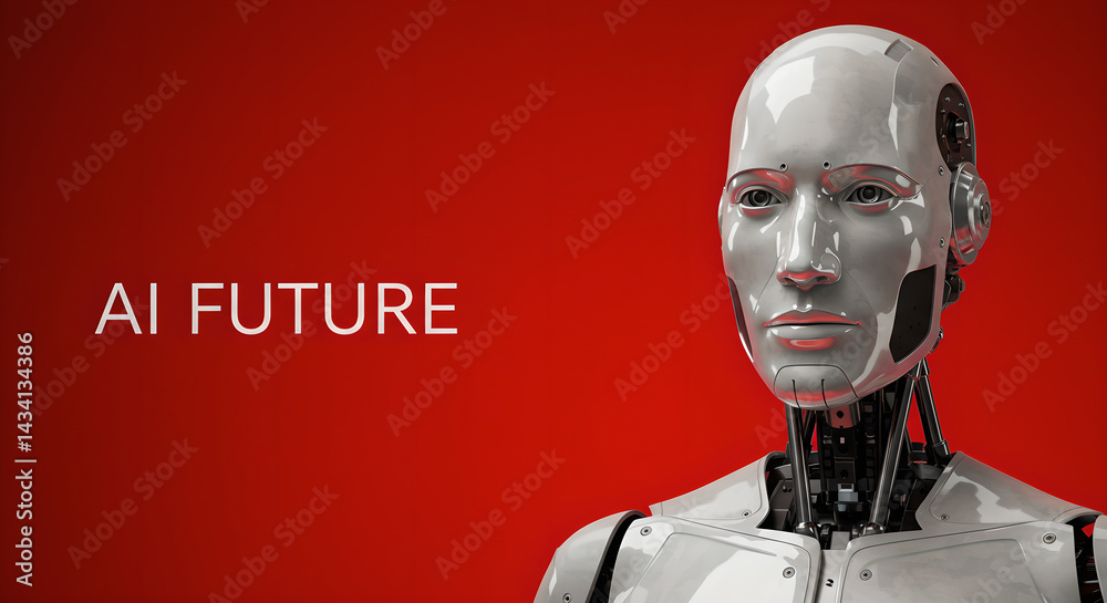 Poster close up of a androgynous robot with text ai future on a red background. head and torso of humanoid 