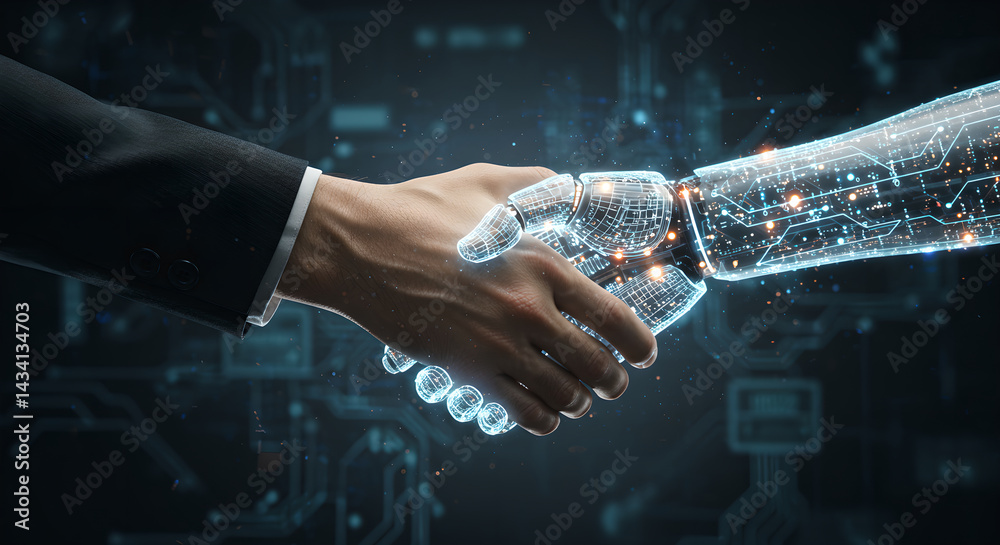 Poster man hand shaking robot hand digital connection with circuit pattern. abstract technology concept of 