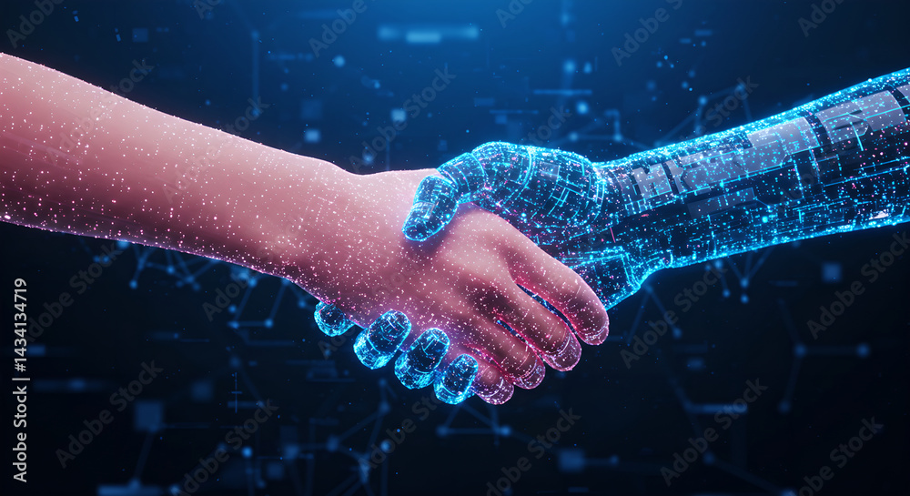 Poster handshake between human and robot representing connection of artificial intelligence with person. co