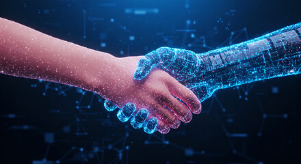 Handshake between human and robot representing connection of artificial intelligence with person. Collaboration and integration technology concept for business.