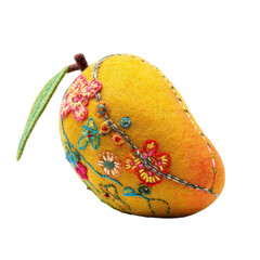 A vibrant, embroidered felt mango with colorful floral designs and a green leaf accent.