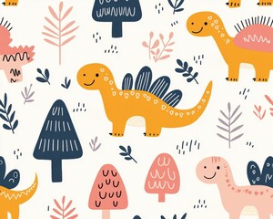 A playful drawing featuring colorful dinosaurs among whimsical trees, creating a cheerful and vibrant style suitable for children's decor.