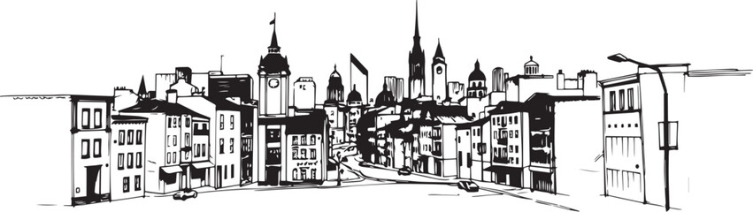 City landscape. Line urban backdrop. Skyline with clouds, different buildings on street, doodle street draw, outline cityscape hand sketch, flat houses. Hand drawn vector illustration