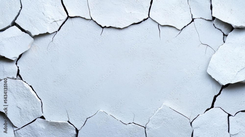 Poster White wall with a large crack in it. The crack is wide and deep, and it seems to be getting wider. The wall is made of stone, and it looks like it has been damaged by some kind of force