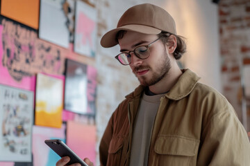 Man in hat and glasses focused on phone screen, sitting in park under a tree. Bright sunlight illuminates the surroundings.