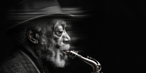 Elderly jazz musician playing saxophone in dramatic black and white portrait, wearing hat with motion blur effect, evoking soulful music and timeless artistry. Motion blur, selective focus.