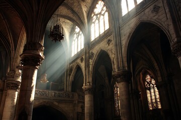 Gothic church interior with sunlight in monochrome scene  
