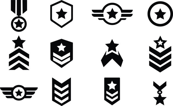 Military Badge Icon Set &ndash; Army Rank Chevron and Patch Symbols Vector Collection