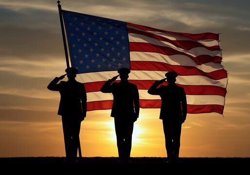 Three soldiers stand silhouetted against a vibrant sunset, saluting the American flag as it waves proudly. The ceremony honors service members in a peaceful memorial setting