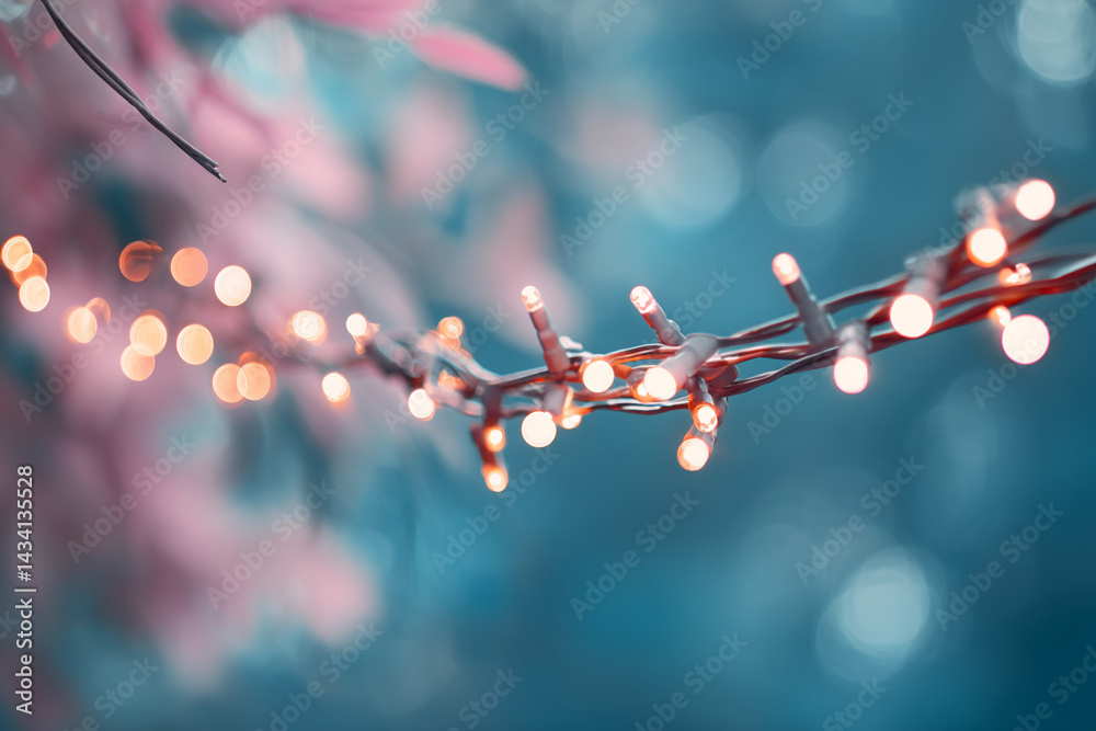 Poster Warm-toned string lights softly illuminate a blurred teal and pink background, creating a festive and cozy ambiance, perfect for holiday or celebratory themes