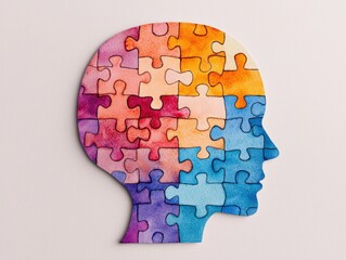 A colorful puzzle piece silhouette representing the complexity of the human mind and emotions.
