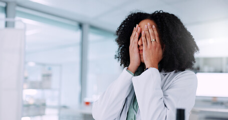 Frustrated woman, scientist or mistake with stress for anxiety, medical fail or science crisis at...