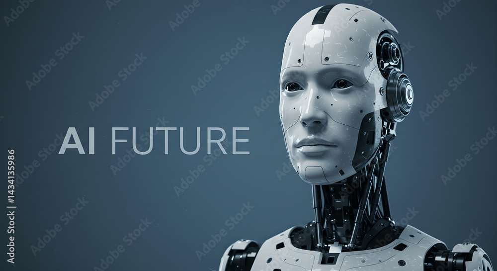 Poster ai future text with a robot head. artificial intelligence and future technology concept for developm