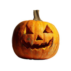 A carved pumpkin with a mischievous face, showcasing traditional Halloween features like a jagged grin and triangular eyes.
