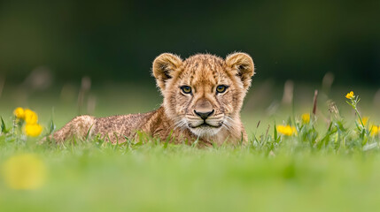 Obraz premium Lion Cub Resting in Green Grass Surrounded by Yellow Flowers in Natural Light