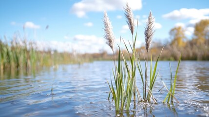 Obraz premium Gentle ripples on a calm river, with tall grasses emerging from the water. Fluffy seed heads stand out against the blue sky