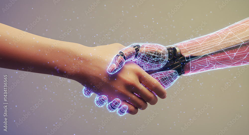 Poster man shaking hand with robot hand connecting digital world and real world futuristic technology conce