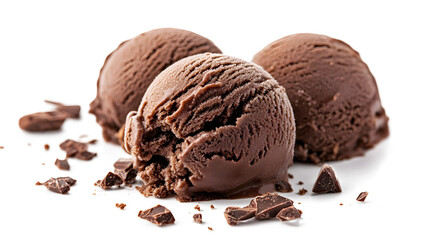 Three chocolate ice cream scoops with chocolate chips on top